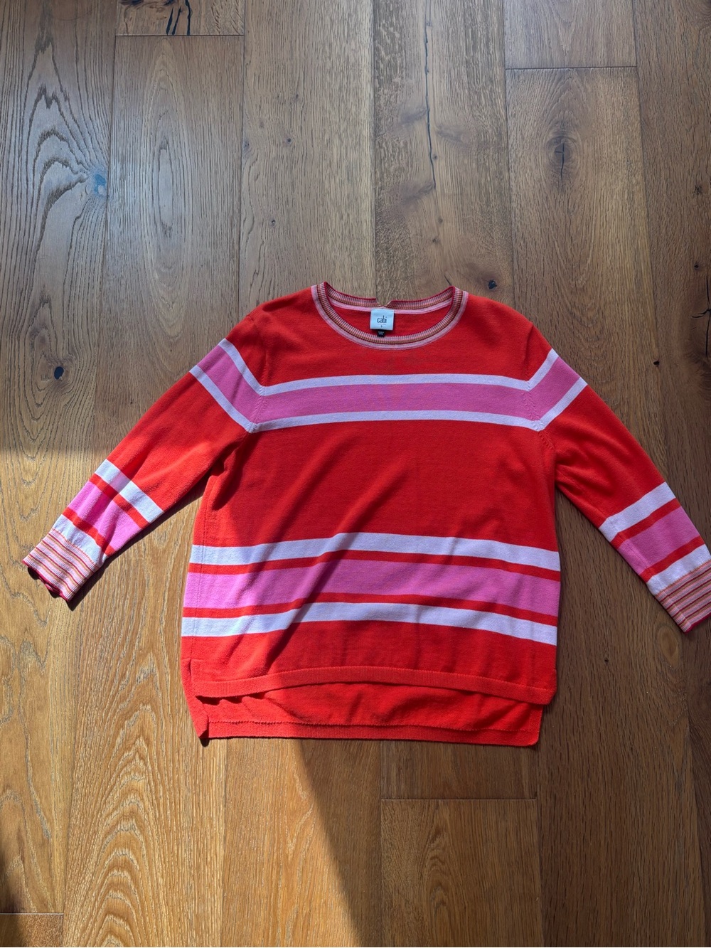 CAbi Red, Pink & Light Pink Striped Crewneck Sweater